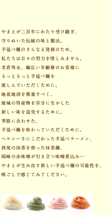 やまとが二百年にわたり受け継ぎ、守りぬいた伝統の味と製法。手延べ麺のさらなる発展のため、私たちは日々の努力を惜しみません。老若男女、幅広い年齢層のお客様にもっともっと手延べ麺を楽しんでいただくために。地産地消を推進すべく、地域の特産物を存分に生かした新しい味を追究するために。季節に合わせた、手延べ麺を味わっていただくために。ヘルシーさにこだわった手延べラーメン、西尾の抹茶を使った抹茶麺、岡崎の赤味噌が引き立つ味噌煮込み…やまとが生み出す新しい手延べ麺の可能性を、喉ごしで感じてみてください。