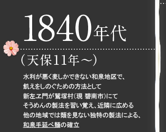 1840年代（天保11年～）水利が悪く麦しかできない和泉地区で、飢えをしのぐための方法として新左ヱ門が鷲塚村（現 碧南市）にてそうめんの製法を習い覚え、近隣に広める他の地域では類を見ない独特の製法による、和泉手延べ麺の確立